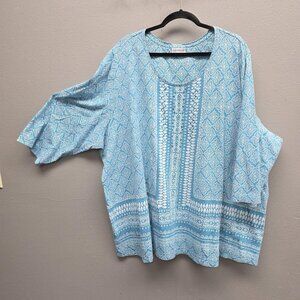 Catherines Shirt Womens 6X Blue Geometric Border Print 3/4 Sleeve Tunic Top